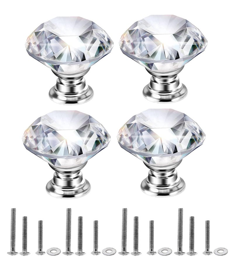 Mtsooning 40mm Crystal Glass Knob, 4PCS Diamond Shape Pulls, Clear Glass Drawer Handle for Closet Cabinet, Kitchen Bathroom Cupboards, Dresser, Bookcase, Wardrobe - Image 1